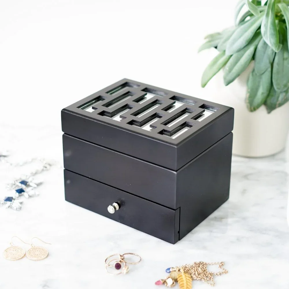 Hive Honey Amy Jewelry Box Black Mirrored Drawer Felt Lined Divided Compartment